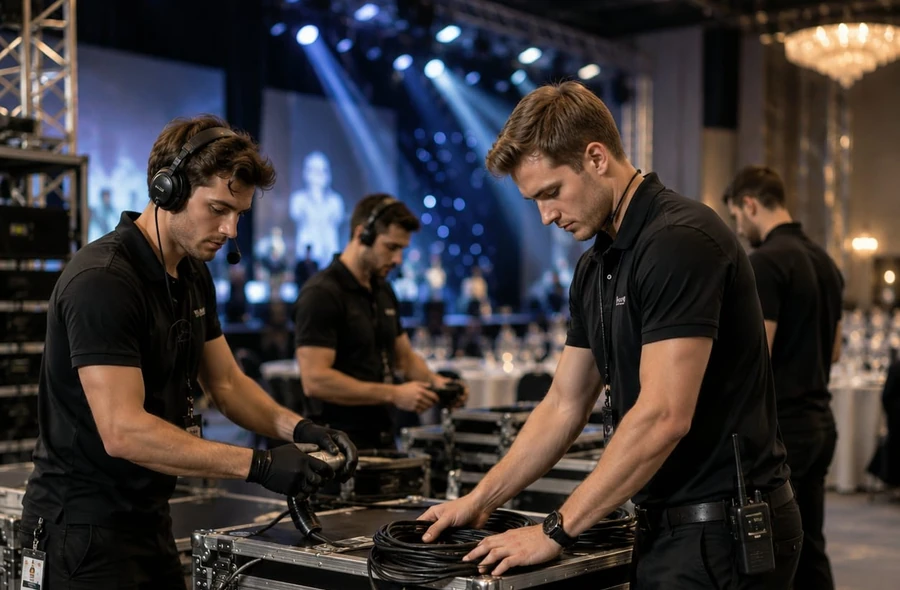 Technical event crew preparing equipment