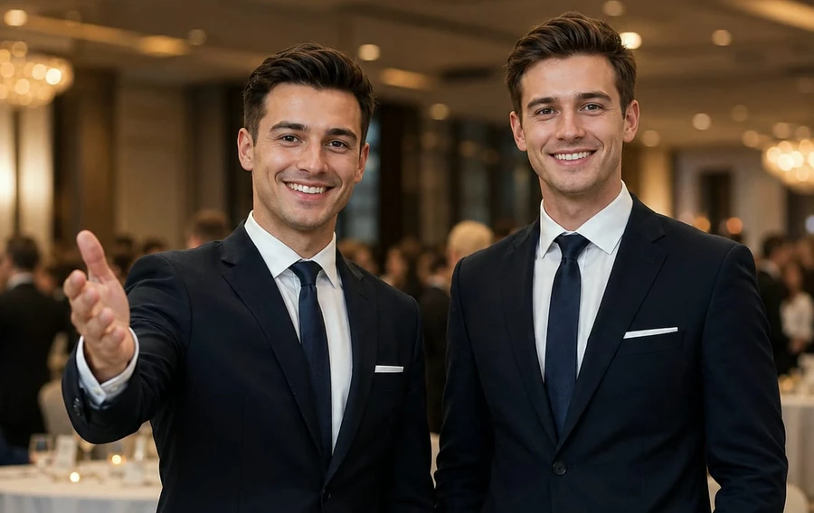 Professional event hosts welcoming guests