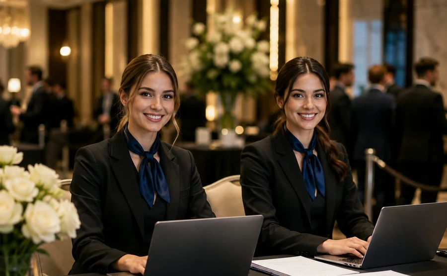 Registration staff assisting event guests
